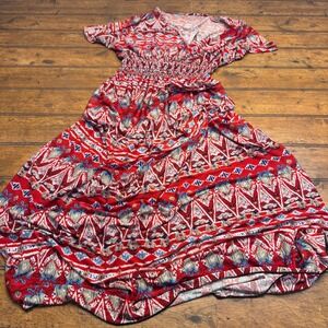 West Loop Red Tribal Print Smocked Waist V-Neck Maxi‎ Dress XL